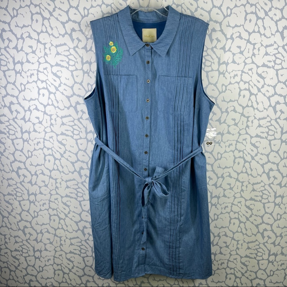 ModCloth 2X Embroidered Chambray Shirtdress